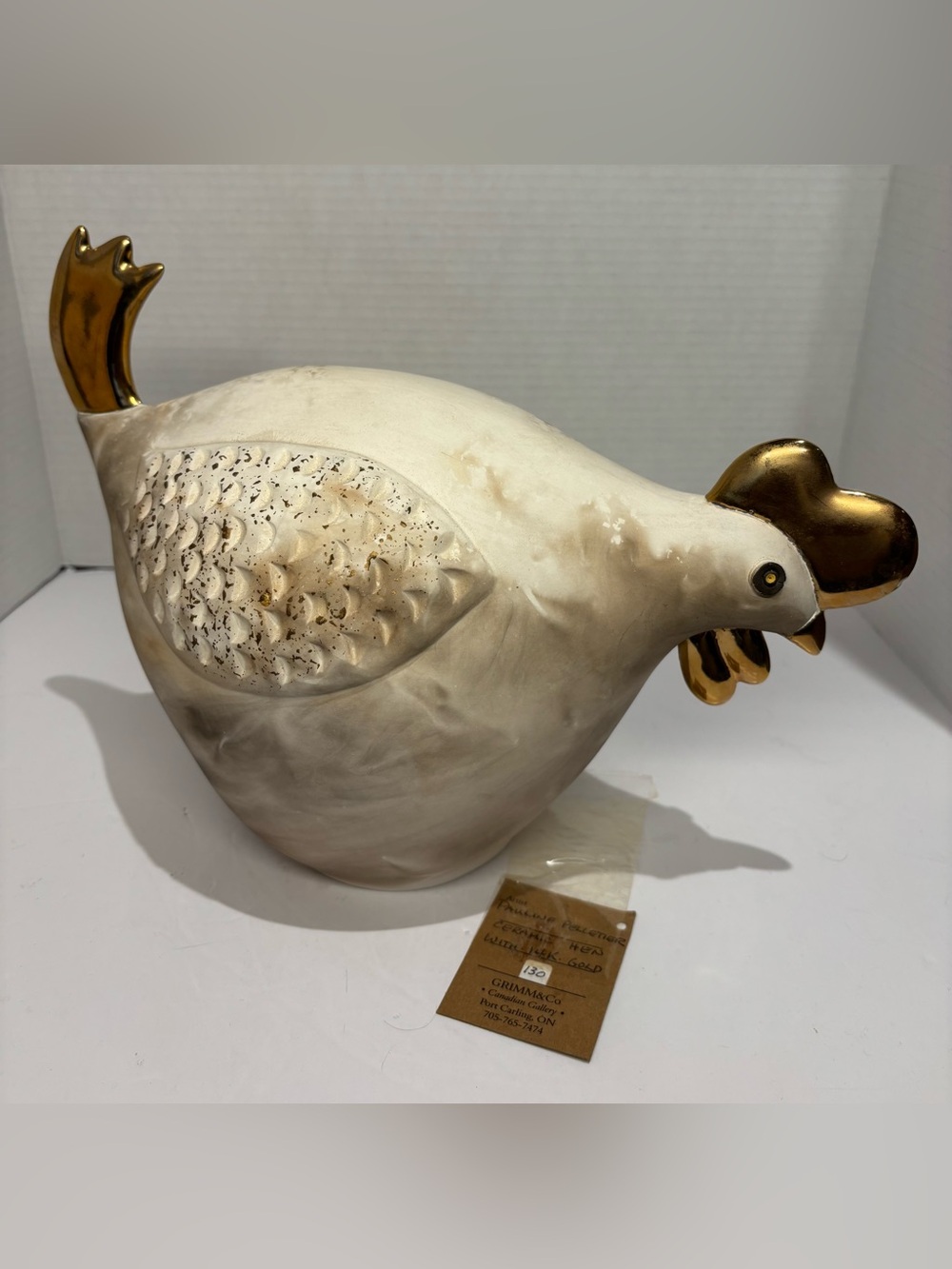 Pauline Pelletier Ceramic Large Hen 14K Gold Canadian Artist Signed Vintage